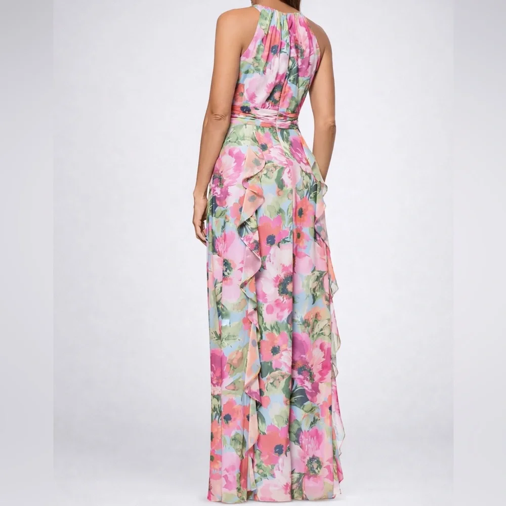🆕 Xscape Floral Chiffon Halter Maxi Dress Size 12 Pink Blue Ruffle Formal Gown - Picture 3 of 17